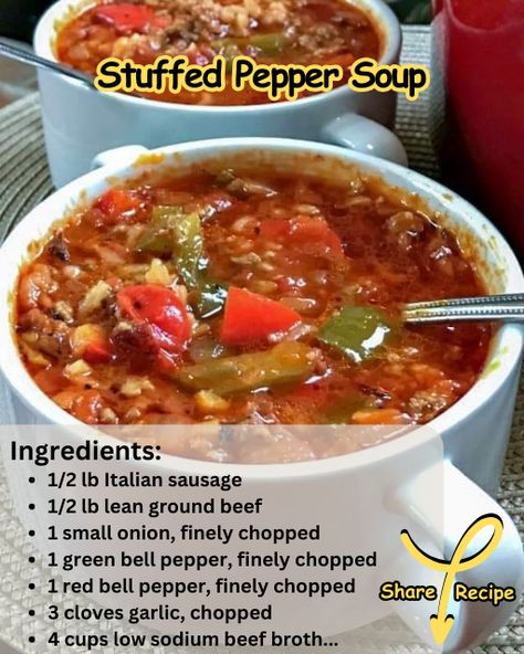 Stuffed Pepper Soup, a delightful twist on a classic comfort dish! This soup is like a cozy hug in... Stuffed Peper Soup, Stuffed Pepper Soup Stovetop, Keto Stuffed Pepper Soup, Chirothin Recipes, Stuffed Pepper Soup Crockpot, Cake Peach Cobbler, Stuffed Bell Pepper Soup, Stuffed Pepper Soup Recipe, Dessert Creme