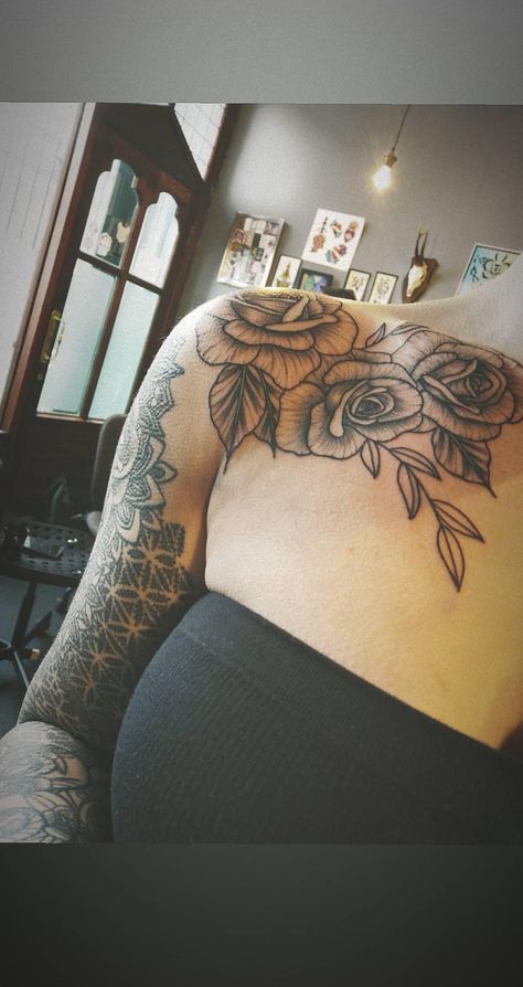 Chest Cover Up Tattoo Female Black, Black Female Chest Tattoo Ideas, Side Chest Tattoos For Women, Shoulder Chest Tattoo Female Cover Up, Roses On Chest Tattoo, Rose Tattoo On Shoulder For Women, Roses Chest Tattoo Female, Flower Chest Tattoo Female Upper, Chest Rose Tattoo Female