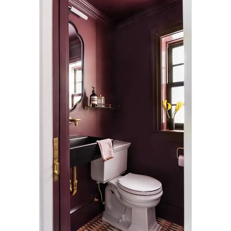 Farrow and Ball Brinjal 222 bathroom Red Downstairs Toilet, Eggplant Powder Room, Farrow And Ball Brinjal Bathroom, Farrow And Ball Burgundy, Dark Red Powder Room, Plum Powder Room, Dark Maroon Bathroom, Burgundy Toilet Room, Dark Plum Bathroom