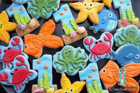 Under the Sea Surf Birthday Party, Underwater Birthday, Buttercream Cookies, First Birthday Cookies, Fish Cookies, Ocean Birthday Party, Sea Cakes, Ocean Birthday, Hawaiian Birthday Party