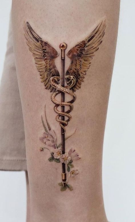 Veterinary Tattoo Ideas, Veterinary Tattoo, Veterinarian Tattoo, Healthcare Tattoo, A Snake Tattoo, Hermes Tattoo, Caduceus Tattoo, Snake Tattoo Meaning, Ems Tattoos