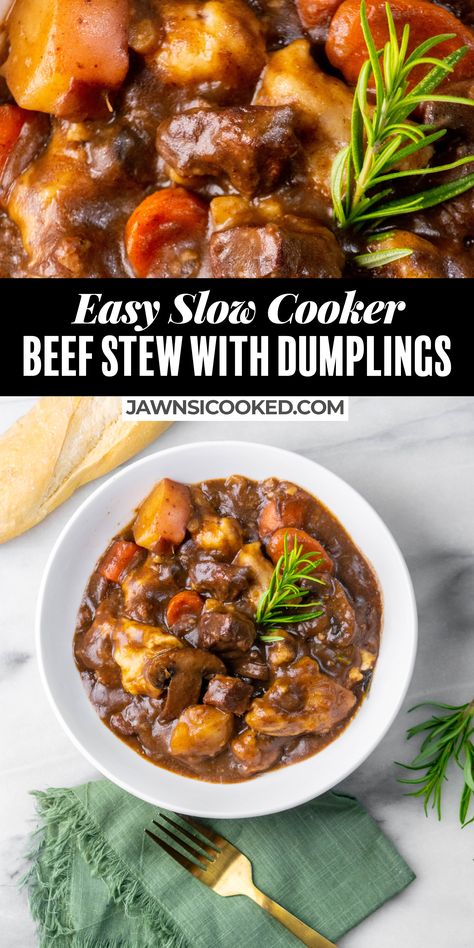 This comforting, meaty and flavorful Beef and Dumpling Stew in the Slow Cooker takes a small amount of prep before it cooks to perfection in the crockpot. The dumplings are made with store bought biscuit dough for an easy, homestyle dish that's sure to satisfy!