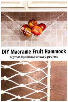 Make an under the cabinet macrame hammock for fruits and vegetables to save space and to have a sheltered spot away from the sun for your produce. Vegetable Hammock Diy, Macrame Under Cabinet Fruit Hammock, Diy Produce Hammock, Macrame Produce Hammock, Vegetable Holder For Kitchen, Crochet Produce Hammock, Diy Fruit Hammock, Macrame Vegetable Hanger, Macrame Fruit Hammock Diy