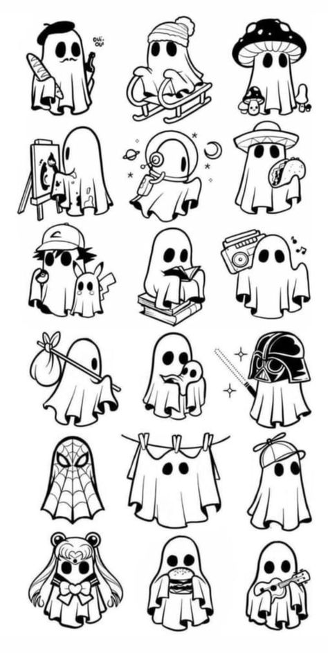 Cute Tattoos Halloween, Zombie Doodle Easy, Easy Mini Sketches, Space Ghost Tattoo, Halloween Aesthetic Tattoo, Pizza Skull Tattoo, Cute Skeleton Doodle, Mini Halloween Drawings, Cute Halloween Flash Tattoo