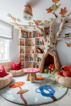 Animal Playroom Ideas, Woodland Playroom Ideas, Fairy Tale Bedroom Kids, Animal Furniture Design, Fairy Tale Interior Design, Playroom Library Ideas, Kids Bedroom With Play Area, Enchanted Forest Playroom, Fairytale Kids Room