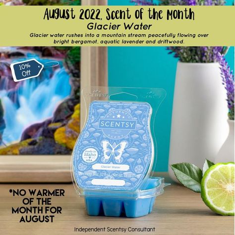 August 2022 Scentsy Scent of the Month - Glacier Water Candle Wax Warmer, Scent Warmers, Scentsy Consultant Ideas, Scented Wax Warmer, Scentsy Scent, Mountain Stream, Electric Candle Warmers, Wickless Candles, Scentsy Consultant