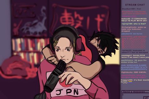 Streamer Kodzuken (Kenma) is being hugged from behind by Kuroo during a livestream, friends leave funny comments Friends Leave, Funny Comments, On Live, Haikyu!!, Save Yourself, Wake Up, Feelings, Funny, Movie Posters