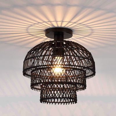 BOHO LIGHT FIXTURES CEILING - The Modern ceiling semi-flush mount fixture is crafted of woven natural rattan and matte black hardware, 3 tiered dome cage shades design give it a unique and trendy look, bohemian and farmhouse styles are gathered in a rattan light fixture, very rustic and elegant! Wicker semi-flush mount is great for farmhouse, nautical, rustic, and vintage style decor. Use an edison bulb to add a vintage touch and provides a warm, amber glow. IDEAL CHOICE FOR MULTIPLE SCENES - Th Entry Light Fixture, Hallway Ceiling Light Fixtures, Boho Light Fixture, Light Fixtures Ceiling, Rattan Light Fixture, Rattan Chandelier, Entry Lighting, Vintage Style Decorating, Kitchen Ceiling Lights