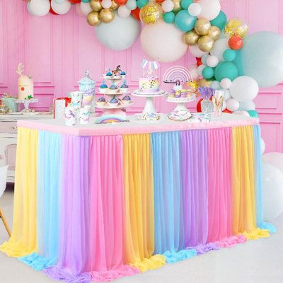 Size ：Tulle table skirt . Cover rectangle table or rectangle table or front of rectangle table Color: Rainbow | Red Barrel Studio® Tulle Table Skirts For Rectangle Tables Tablecloth Wedding Birthday Party Gender Reveal Baby Showers Cake Dessert Buffet Banquet Table Decorations Banquet Table Decorations, Tulle Table Skirt, Romantic Bridal Shower, Tablecloth Wedding, Birthday Party Table Decorations, Tulle Table, Elephant Baby Shower Decorations, Table Skirts, Rectangle Tables