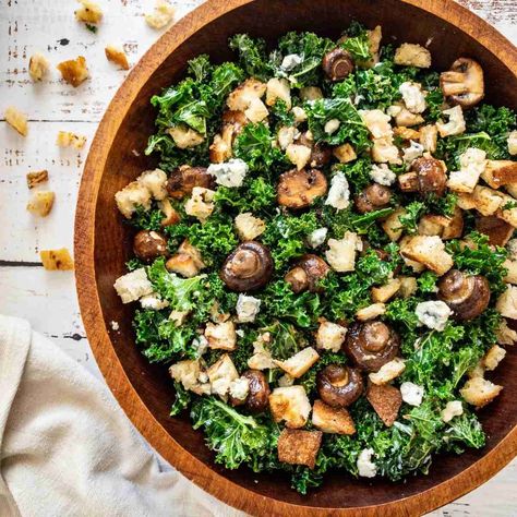 Warm Mushroom and Kale Salad with Blue Cheese and Crispy Torn Croutons Salad With Blue Cheese, White Button Mushrooms, Kale Salad Recipes, Mushroom Salad, Warm Salad, Cheese Crisps, Cremini Mushrooms, Winter Salad, Just Eat It