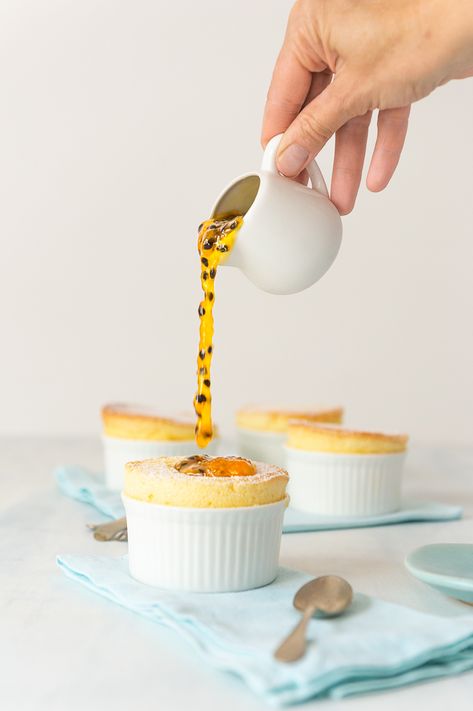 Passion Fruit Souffle, Classic French Desserts, Fruit Sauce, Pastry Board, French Dessert, Fruit Puree, Sweet Recipes Desserts, Pastry Brushes, Little Cakes