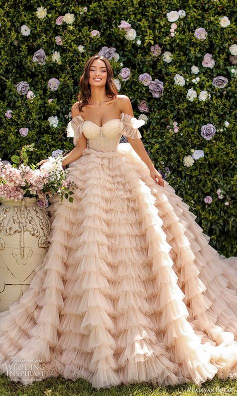 Wedding Dress With Ruffle Sleeves, Wedding Dresses 2024 Bridal Collection, Wedding Dress Ruffled Skirt, Bridal Off Shoulder, Ruffled Wedding Dress, Fairytale Wedding Dresses, Wedding Dress Ruffle, Bridal 2023, A Line Ball Gown