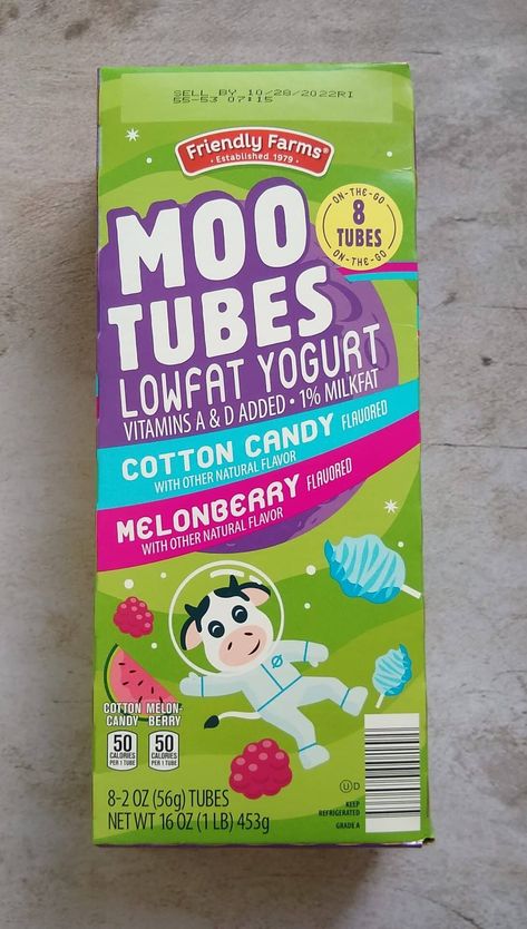 Friendly Farms Moo Tubes Lowfat Yogurt Yogurt Tubes, Heavenly Birthday, Cotton Candy Flavoring, Low Fat Yogurt, Candy Packaging, Strawberry Yogurt, Birthday Brunch, Blue Raspberry, Nutrition Information