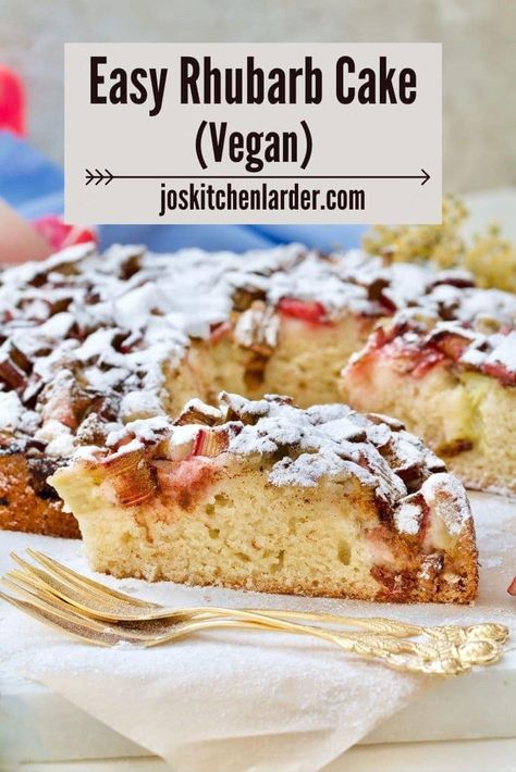 Slightly tangy & not overly sweet, light and fluffy Easy Rhubarb Cake with a hint of cinnamon! Perfect with a cup of tea or lashings of custard, you choose! Delicious and easy bake to make the most of seasonal rhubarb and it's vegan too! #veganrhubarbcake #rhubarb #cake #dessert #rhubarbcake #easyrecipe #fruitybakes #seasonalbakes #vegancake Rhubarb Vegan Recipes, Vegan Rhubarb, Rhubarb Cake Recipes, Rhubarb Upside Down Cake, Rhubarb Desserts, Kitchen Larder, Rhubarb Cake, Rhubarb And Custard, Ginger Cake