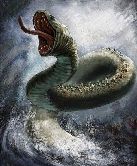 # JORMUNGANDR- Norse myth: a hideous enormous snake that was able to wrap around the world and grasp his own tail. It was the son of Loki and his archenemy was Thor. Viking Symbols And Meanings, World Serpent, Norse Myth, Sea Serpent, Ancient Mythology, Viking Symbols, Gods Goddesses, Myths And Legends, Sea Monsters