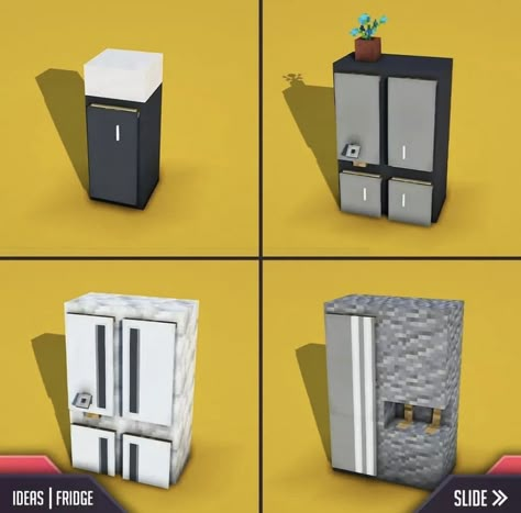 Original imagine found on instagram by gamabuild Minecraft Vanity Ideas, Minecraft Register, Minecraft Pizza Oven, How To Make A Fridge In Minecraft, Minecraft Fridge Ideas, Fridge Minecraft, Minecraft Vending Machine, Casas De Minecraft Ideas Survival, Minecraft Closet