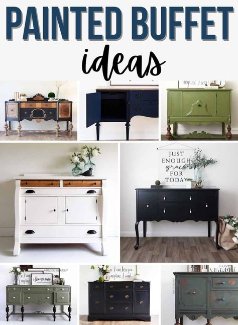 Diy Painted Buffet Ideas, Buffet Table Painting Ideas, Oak Sideboard Makeover, Painted Credenza Ideas, Refinished Buffet Cabinet, Refinish Buffet Cabinet, Paint Buffet Cabinet, Redone Buffet, Refurbished Buffet Cabinet