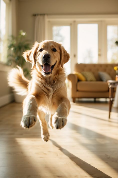 Golden Retriever Jumping, Puppy Jumping, Bright Living Room, Golden Retriever Puppy, Retriever Puppy, Tennis Ball, Cute Puppies, Golden Retriever, Dogs And Puppies