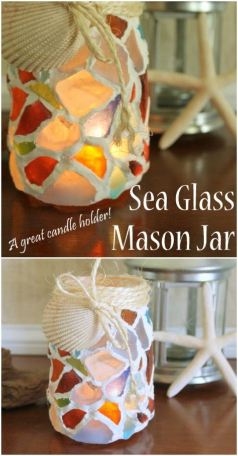 Sea Glass Mosaic Mason Jar Luminaries Mosaic Outdoor, Glass Crafts Diy, Eggshell Mosaic, Easy Mosaic, Mason Jar Luminaries, Incredible Artwork, Sea Glass Mosaic, Mosaic Garden Art, Jar Art