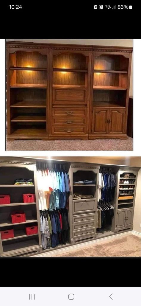 Repurposing Entertainment Center Ideas, Diy Interior Doors, Closet Idea, Old Entertainment Centers, Diy Furniture Flip, Closet Renovation, Entertainment Center Repurpose, Closet Cabinets, Diy Entertainment Center