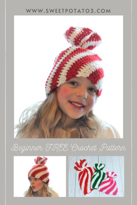 Peppermint Twist Hat - Christmas In July Free Crochet Pattern ~ Sweet Potato 3 Crochet Whoville Hat, Crochet Christmas Elf Hats Free Patterns, Christmas Hat Crochet Pattern, Crochet Christmas Tree Hat, Diy Christmas Hats, Whimsical Crochet, Crochet Santa Hat, Crochet Christmas Hats, Christmas Crochet Patterns Free