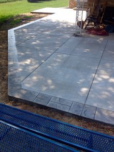 Cement Patio With Paver Border, Stamped Concrete Border Patio, Concrete Patio Pergola, Concrete With Stamped Border, Simple Stamped Concrete Patio, Concrete Patio Border Ideas, Concrete With Paver Border, Concrete Patio Border, Stained Patio Concrete