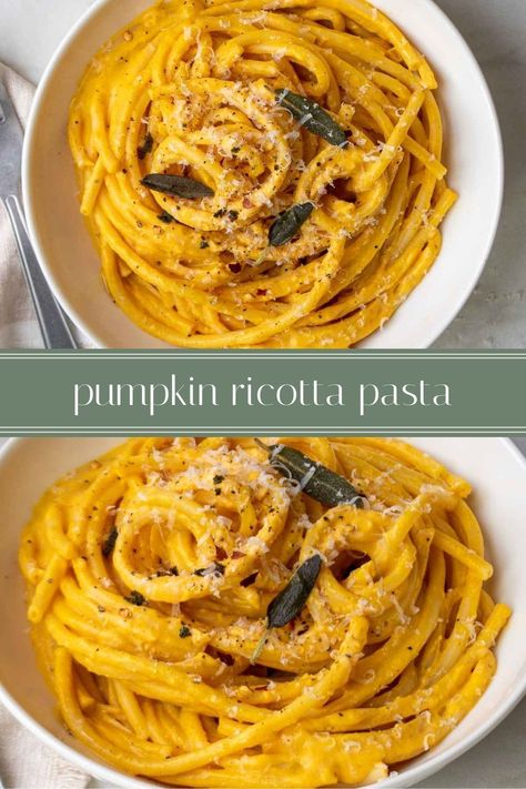 This creamy pumpkin ricotta pasta is a great meal for a cold fall or winter night. Ready in 20 minutes, this vegetarian recipe is something that the whole family can enjoy, and it makes great leftovers too. Pumpkin And Spinach Pasta, Pumpkin Recipes Pasta, Pumpkin And Ricotta Recipes, Pumpkin Ricotta Pasta, Leftover Pasta Ideas, Whole Pumpkin Recipes, Ricotta Pumpkin, Pumpkin Spaghetti, Autumn Pasta