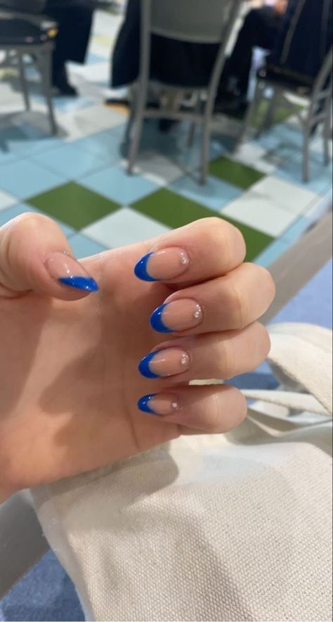 Nails 2023 Blue French, Blue Nails Ideas Prom, Indigo Prom Nails, Nails To Match Royal Blue Prom Dress, Indigo French Tip Nails, Natural Nails Blue Designs, Sparkly Blue French Tip Nails Almond, Royal Blue Almond Acrylic Nails, Blue Sparkle Nails French