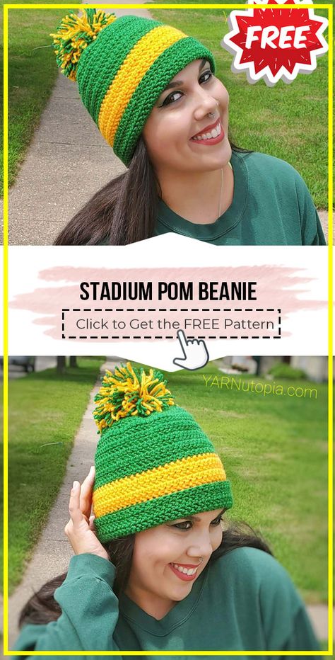 Sc Crochet Beanie Free Pattern, Crochet Sports Hat, Striped Beanie Crochet Pattern, Nfl Crochet Patterns Free, Crochet Team Colors Hat, Steelers Hat Crochet Pattern, Crochet Football Team Hat Free Pattern, Crochet Team Spirit Beanie, Packers Crochet Hat