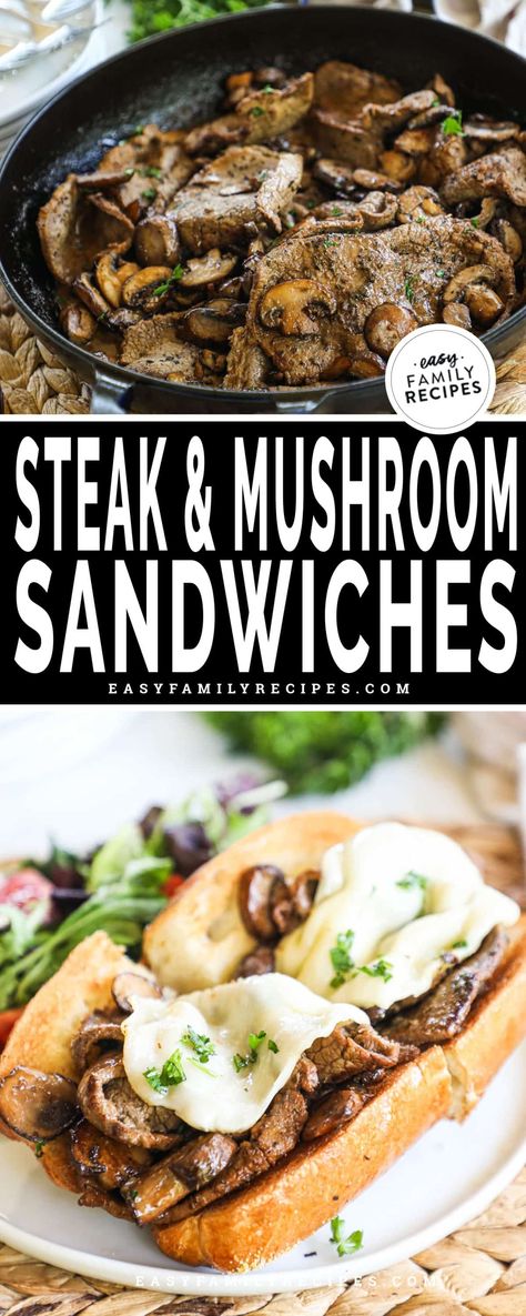 Top Round Steak Sandwich with Mushrooms · Easy Family Recipes Recipes With Round Steak Meals, Leftover Round Steak Recipes, How To Cook A Round Steak, Round Steak Sandwich Recipes, Recipes With Top Round Steak, Thinly Sliced Top Round Steak, Blue Collar Recipes, Top Round Sirloin Steak Recipes, Beef Round Tip Steak Recipes