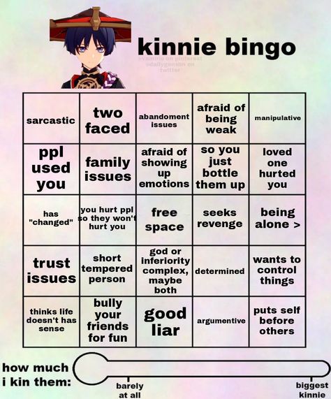 template made by @/strawberrymilkxoxo Scaramouche Kinnie, Birthday Scenario, Therapist Humor, Kinnie Bingo, Bingo Night, Bingo Sheets, Bingo Template, Writing Fantasy, Bingo Board