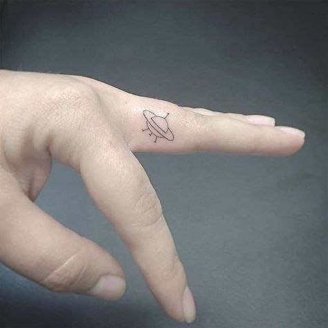 Spaceship Tattoo, Tiny Finger Tattoos, Ufo Tattoo, Cute Finger Tattoos, Ring Tattoo, Small Finger Tattoos, Finger Tats, Finger Tattoo For Women, Finger Tattoo Designs