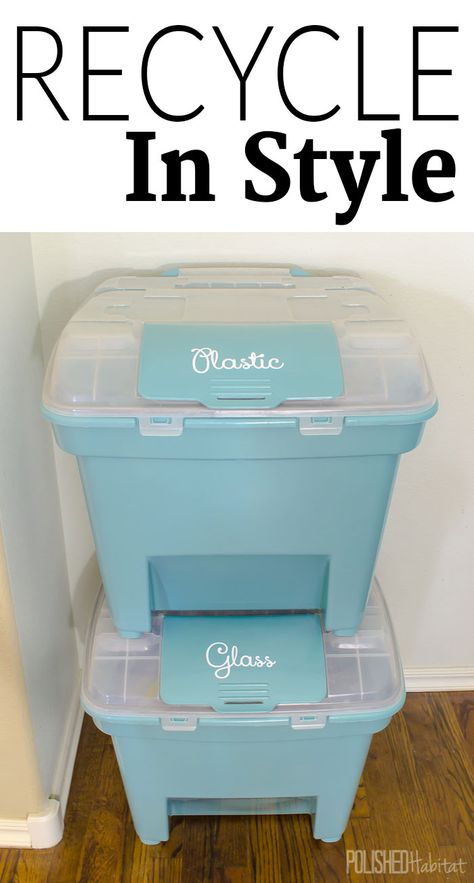 Recycle in Style: Recycling bins don't have to be ugly and utilitarian. You can be enviromental friendly AND stylish at the same time with pretty, organizing recycling bins like these! Decorative Recycling Bins, Recycle Bin Ideas, Recycling Bin Ideas, Recycling Organization, Polished Habitat, Recycling Bin Storage, Recycling Bins Kitchen, Recycling Storage, Kitchen Compost Bin