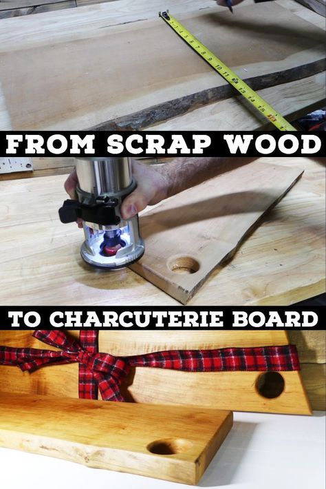 Looking for a quick Christmas present or Wedding Gift?  Try one of these live edge Charcuterie Boards made out of scrap wood.  They are a quick DIY woodworking project that look great!  Check out more projects like these on Lazy Guy DIY! Diy Scrap Wood, Woodworking Tools For Sale, Wood Projects For Beginners, Wood Crafting Tools, Woodworking Patterns, Quick Diy, Scrap Wood Projects, Wood Working Gifts, Cool Woodworking Projects