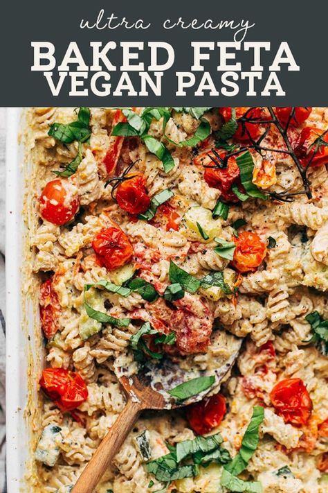 This savory vegan baked feta pasta is so rich and creamy that you would never even know it’s dairy free! Made using a tofu and cashew based cheese, this easy weeknight pasta dish takes basic baked feta pasta to a whole other level. Everyone will love it! Pasta With Roasted Red Peppers, Zucchini Roasted, Easy Weeknight Pasta, Baked Feta Pasta, Vegan Feta Cheese, Baked Feta, Vegan Baked, Feta Pasta, Creamy Tomato Sauce