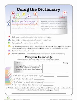 Show your child how to read and use a dictionary with help from this explanatory worksheet. Dictionary Worksheets, Dictionary Activities, Indefinite Articles, Esl Materials, Dictionary Skills, Library Lesson Plans, Acts 2, Sequencing Worksheets, Third Grade Writing