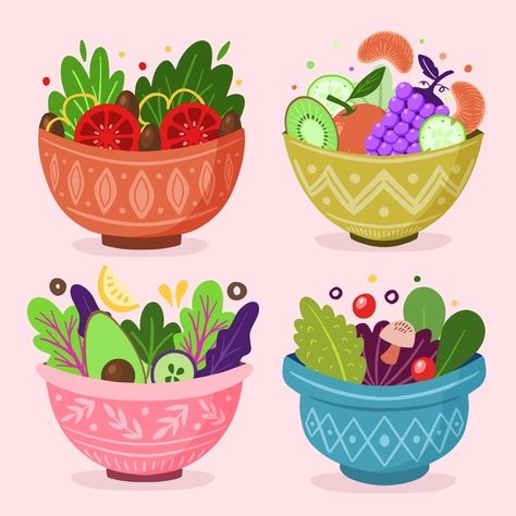 Conjunto de ensalada de frutas en tazone... | Free Vector #Freepik #freevector #comida #frutas #salud #hortalizas Fitness Bujo, Nutrition Wallpaper, Salad Design, Menu Art, Gouache Tutorial, Fruit Health, Badge Collection, Salad Fruit, Fruit Picture