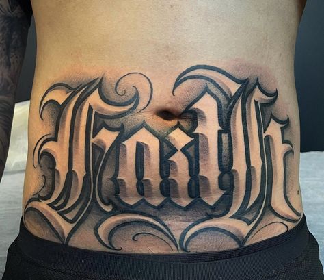 Stomach Lettering Tattoos Men, Stomach Tattoo Men, Chest Tattoo Lettering, Stomach Tattoos For Guys, Tattoo Calligraphy, Chest Tattoo Stencils, Tattoo Lettering Alphabet, Ab Tattoo, Stomach Tattoo