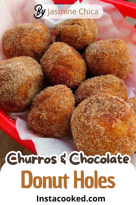 Learn how to make the perfect Churros & Chocolate Donut Holes. Soft, golden churros stuffed with melted chocolate and coated in cinnamon sugar. The ultimate indulgent dessert! Churro Donut Holes, Churros Stuffed, Chocolate Donut Holes, Churro Donuts, Donut Hole Recipe, Churro Bites, Chocolate Donut, Fruity Treats, Types Of Chocolate