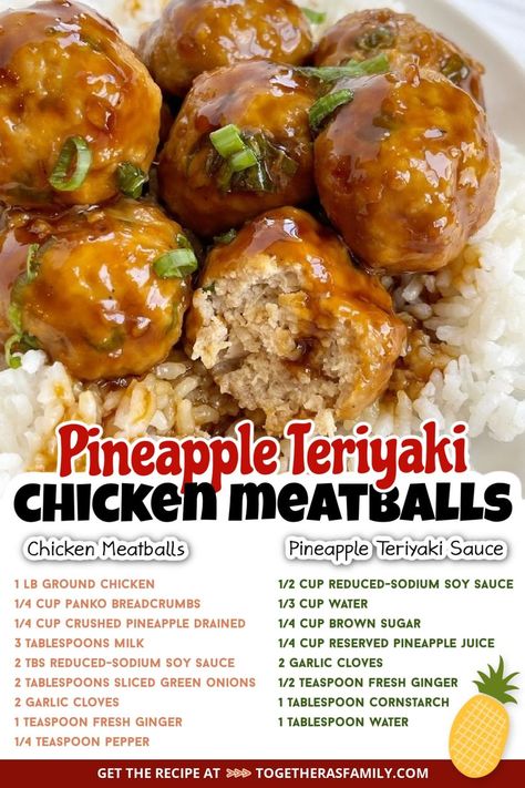 Frugal Mom Eh - Pineapple Teriyaki Chicken Meatballs are... Dinner With Ground Chicken, Pineapple Teriyaki Chicken Meatballs, Teriyaki Pineapple Meatballs, Pineapple Teriyaki Chicken, Teriyaki Pineapple Chicken, Pineapple Meatballs, Teriyaki Chicken Meatballs, Ground Chicken Meatballs, Pineapple Teriyaki