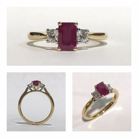 An 18ct yellow gold ruby & diamond three stone ring . This ring features a 0.92ct octagonal cut Ruby in a four claw setting , which is nestled between two round brilliant cut diamonds . The ring is finished off with a plain polished 18ct yellow gold shank which tapers into the head . The ring is wed fit allowing it to sit against a wedding band .The total diamond weight is 0.23cts . Our reference 01.14.127 and costs £2,295 . Enquiries to jewellery@cellini.co.uk Three Stone Ruby Ring In Yellow Gold, Three Stone Round Ruby Ring In Yellow Gold, Three-stone Yellow Gold Ruby Ring, Heirloom Three-stone Ruby And Diamond Ring, Luxury Three-stone Ruby Ring In Yellow Gold, Most Popular Engagement Rings, Popular Engagement Rings, Engagement Ring Inspiration, Ruby Diamond