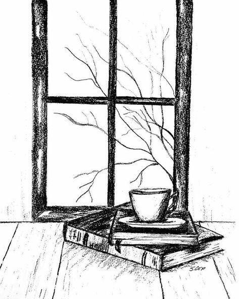 Still Life Pencil Drawing, Still Life Pencil, Coffee Draw, Coffee Black And White, Drawing Coffee, Life Sketch, Drawings Tutorials, Graphite Art, Window Drawing