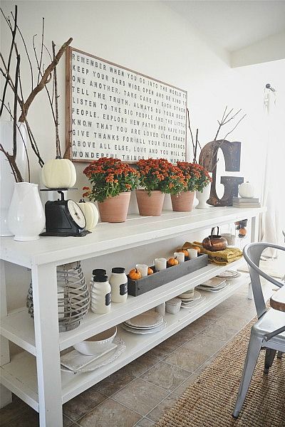 I purchases a sign almost identical to this one.. Love how they displayed it over this long table Upstairs Decor, Hutch Pantry, Homey Touches, Diy Buffet, Hart House, Fall Dining Room, Farmhouse Flair, Autumn Dining, Furniture Building