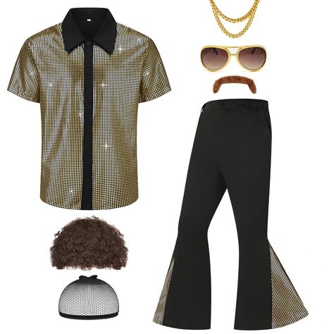 PRICES MAY VARY. One-Step 70s Disco Outfit Men: Transform instantly with our 70s disco costume, a shiny disco shirt, Stretchy flared pants, trendy sunglasses, a dazzling necklace, and a lifelike wig & beard. ideal for a disco themed party or Halloween event Sparkle Disco Shirt:Our 70s disco outfit men shirt is made with gold sequins and stretch fabric that is stretchy and high quality,comfortable to wear. with a vintage oversized collar for a stylish and glamorous look Stylish Flared Pants: the 70s Disco Party Outfit Men, 70s Fashion Men Disco, Disco Costume Men, 1970s Party Outfit, Disco Party Outfit Men, Disco Outfit Men, 1970s Fashion Disco, Mens Disco Costume, 70s Disco Party Outfit