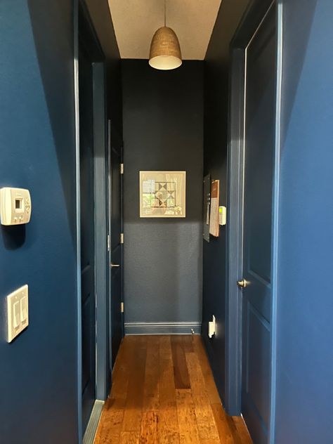 I absolutely love how this small space has turned out! It’s hidden, but still matches the decor of the rest of the house! Blue Hallway Paint, Dark Blue Hallway, Short Hallway, Hallway Wall Colors, Bright Hallway, Blue Hallway, Flat Inspiration, Hallway Paint, Dark Doors