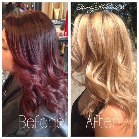 HOW-TO: Deep, Dark Red to Honey Blonde | Modern Salon Color Correction Hair, Honey Blonde Hair Color, Red Blonde Hair, Dyed Red Hair, Red To Blonde, Honey Blonde Hair, Honey Hair, Blonde Hair With Highlights, Brown Blonde Hair