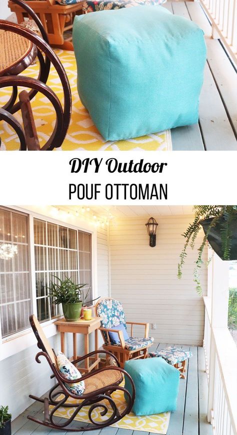 How to Make an Outdoor Pouf Ottoman. Learn how to sew a square pouf ottoman in the fabric of your choice. Can be used indoors or outside. #fairfieldworldpatioparty Pouf Ottoman Diy, Outdoor Pouf Ottoman, Diy Footstool, Diy Pouf, Outdoor Footstool, Square Pouf Ottoman, Diy Stool, Diy Ottoman, Pouffe Ottoman