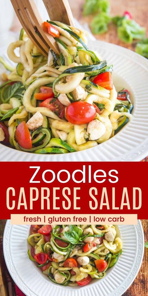 Zoodles Caprese Salad - a light and healthy low carb, gluten free side dish or vegetarian meal. It's the classic combination of tomatoes, fresh mozzarella, and basil tossed with zucchini noodles in a simple balsamic dressing. So easy to make with only a few simple ingredients. Healthy Caprese, Zucchini Noodle Recipes Healthy, Homemade Gluten Free Pasta, Fresh Mozzarella Recipe, Zucchini Side Dish Recipes, Zucchini Noodles Salad, Zucchini Side Dishes, Summer Flavors, Caprese Pasta Salad