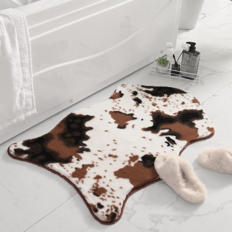 PRICES MAY VARY. NON-SLIP RUBBER BACKING: The non-slip TPR backing keeps the cow print bathroom rug securely in place, preventing any slips and falls in the bathroom. The durable backing is safe for all types of flooring and won't damage or leave any marks. EASY TO CLEAN: Our flocked carpet is easy to clean and maintain. Simply shake out the loose dirt and debris or spot clean with a damp cloth and mild detergent. The cow print bath mat is also machine washable for easy care. SOFT AND THICK: Our Fluffy Bathroom Rugs, Cow Bathroom, Cow Print Rug, Western Bathroom Decor, Western Bathroom, Cow Rug, Cow Cute, Rugs Washable, Cute Bath Mats