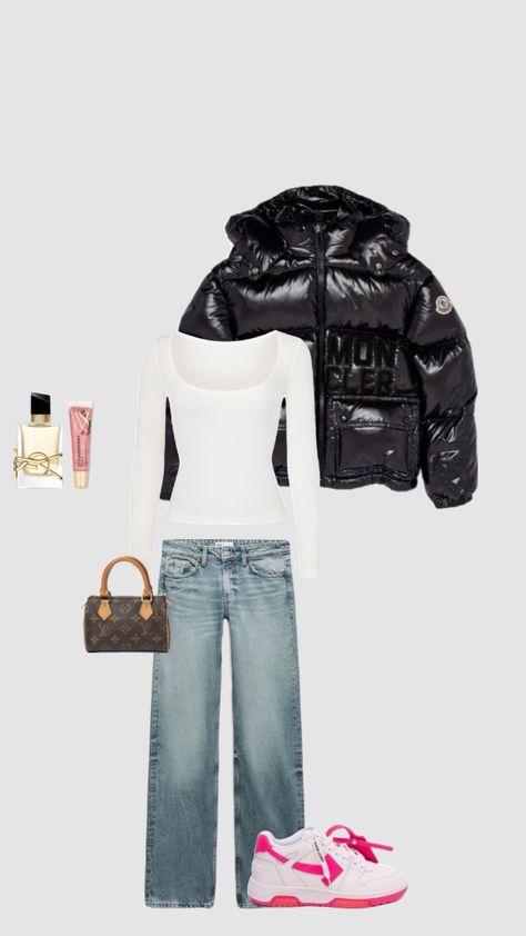 #otfitinspo #outfit #winter #moncler #longsleeve #lowwaistedjeans #louisvuitton Moncler Outfit, Outfit Winter, Louis Vuitton